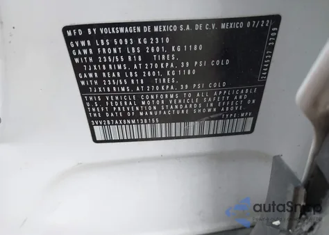 2022 Volkswagen Tiguan 2.0T Se z USA, uszkodzony, nr VIN 3VV2B7AX8NM138155